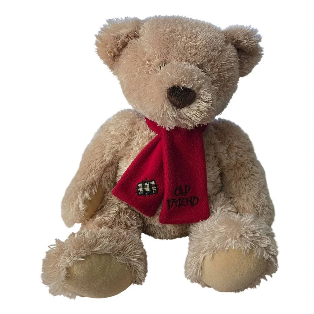 Old Friend Teddy Bear Plush Shaggy Tan 14‎ Inch Red Scarf Plaid Patch Holiday